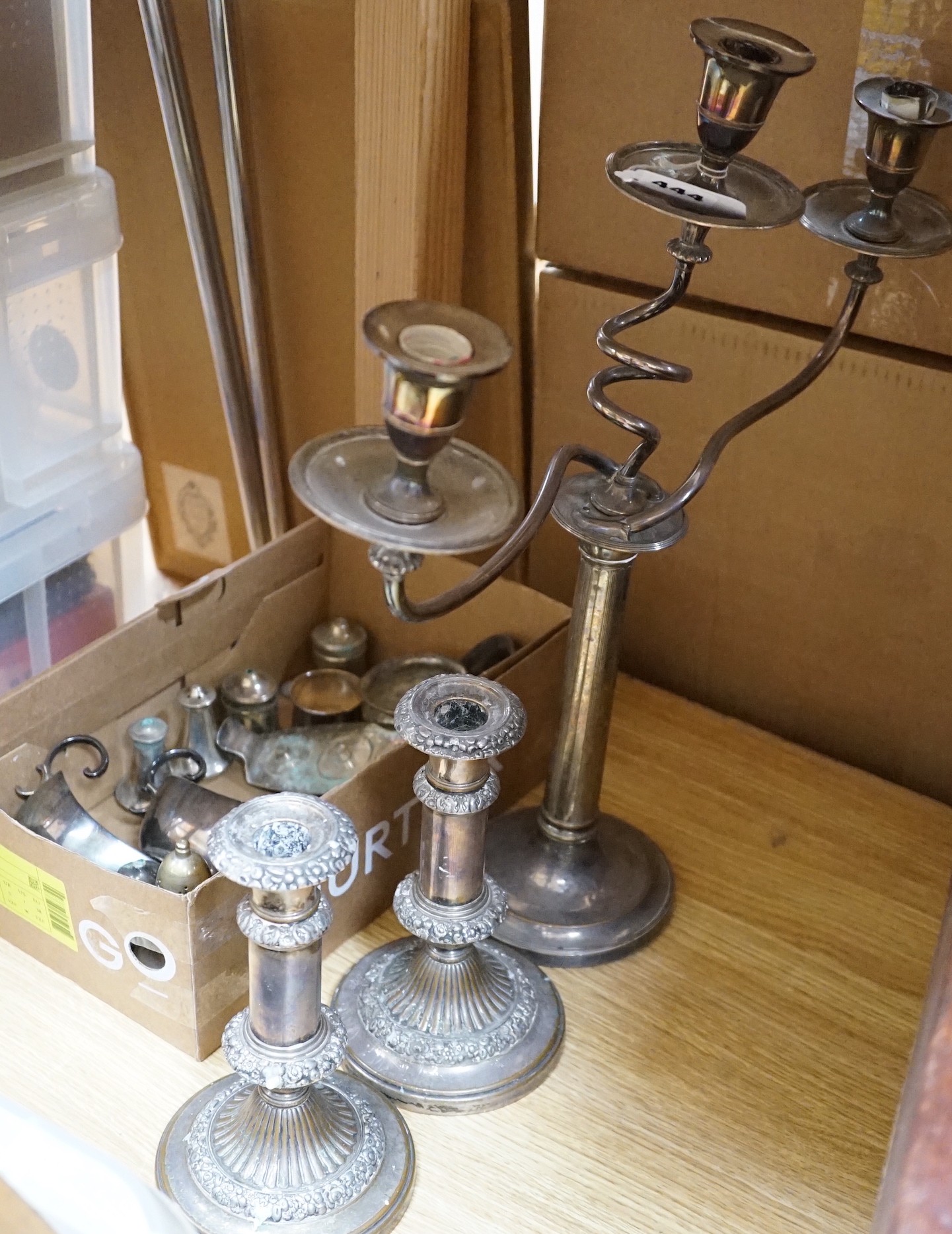 A three light two branch candelabra and mixed plate